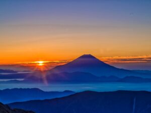mount fuji, sunrise, morning haze